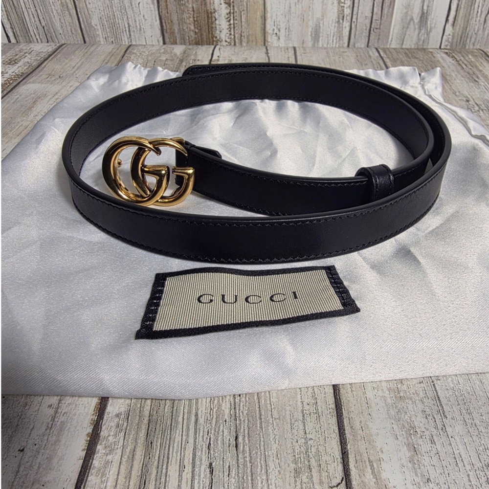 Gucci Double G Thin Black Leather Belt Gold Buckle 409417 75-30 Mens Womens - Picture 9 of 12